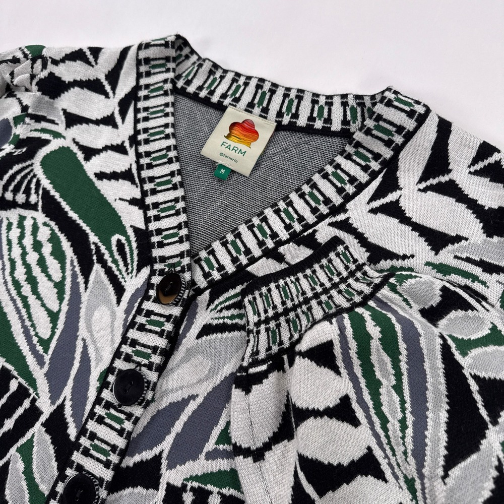 Farm Rio Womens Cardigan Sweater M Green Black Lace Nature Toucan Botanical Crop